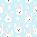 Seamlles pattern with bunny head and star. Cute rabbit character blue backround. Royalty Free Stock Photo